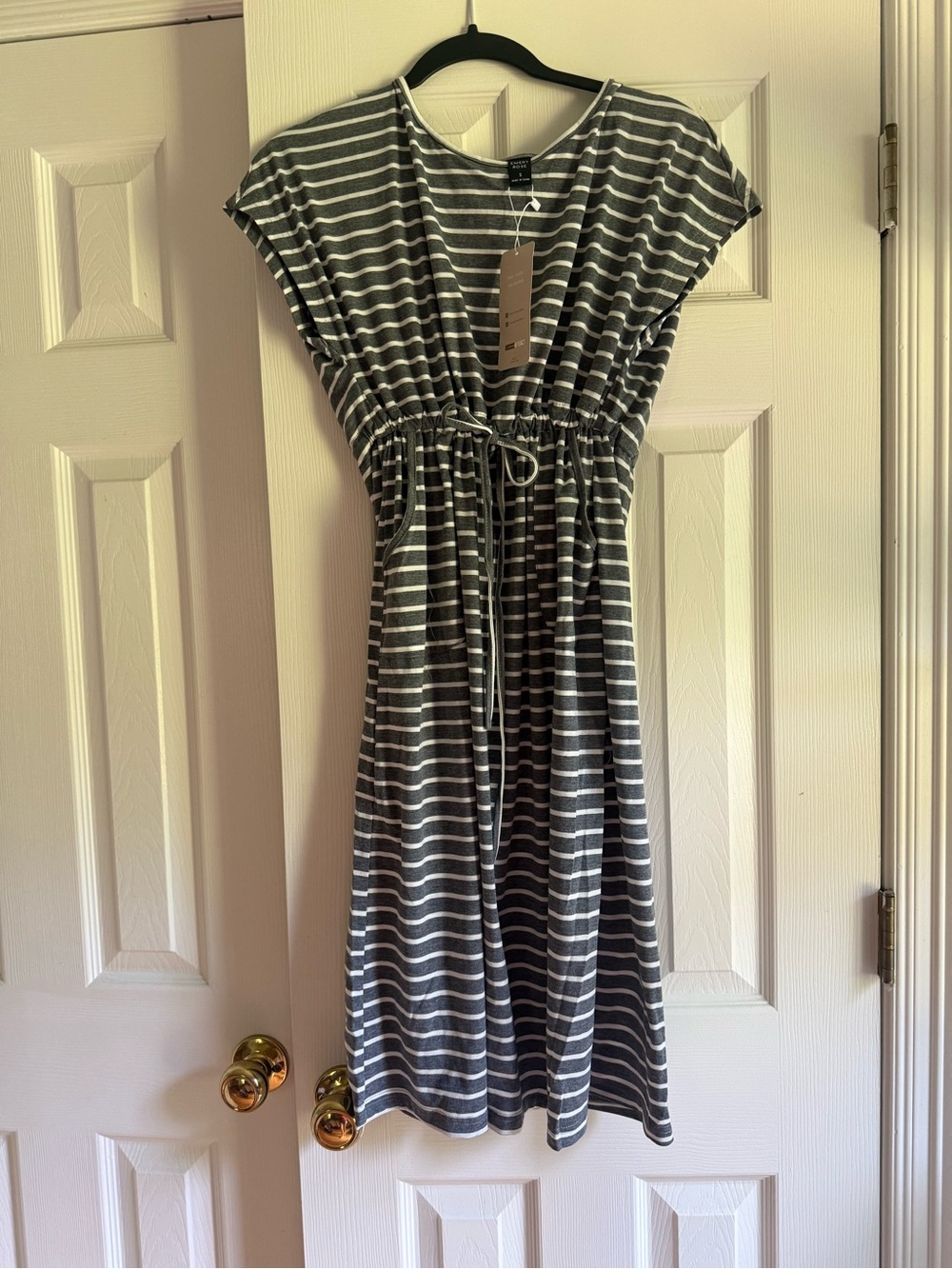 Emery Rose Grey & White Striped Drawstring Waist Dress - Small